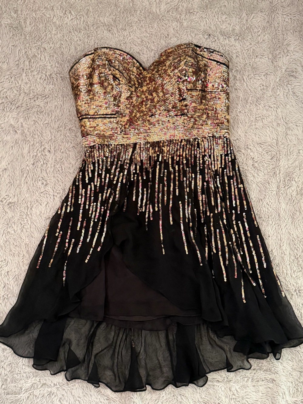 Sherry Hill Strapless Black Dress with Gold Sequin Bodice